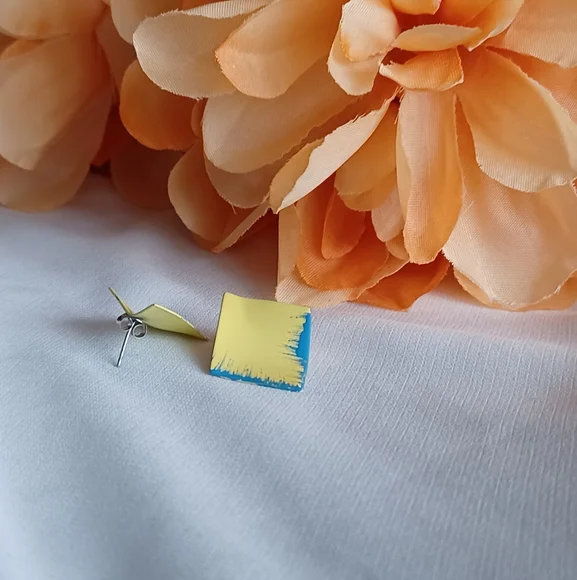 Yellow/Blue Geometric Earrings - Picture 3 of 9